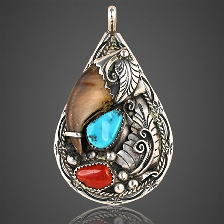 Dan Whitegoat Navajo Sterling Silver Pendant with Turquoise & Coral