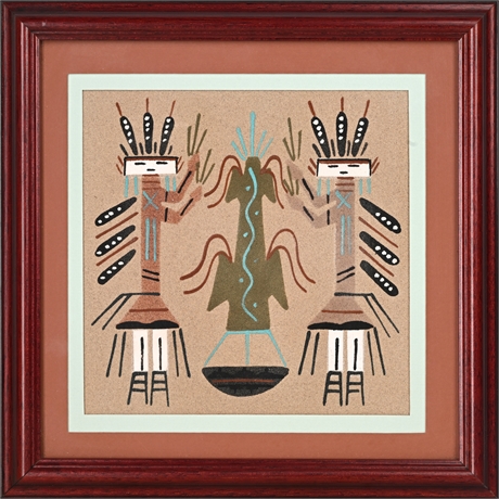 Vintage Navajo Sandpainting – Double Matted & Framed Under Glass