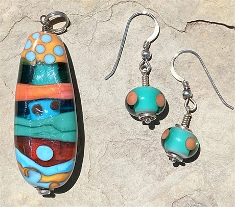 Handmade Lamp-worked Glass Bead Pendant & Earrings Set by Kris Bryson