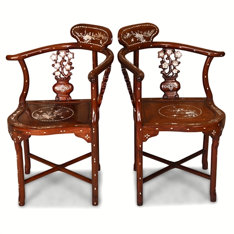 Pair of Chinese Rosewood Horseshoe Chairs w/ Mother-of-Pearl Inlay
