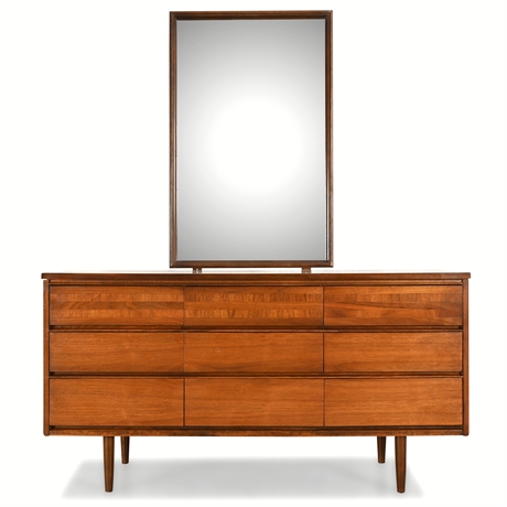 Mid-Century Modern 9-Drawer Dresser with Mirror