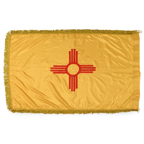 Vintage New Mexico State Flag — Silk Satin, Appliquéd Zia, Gold Fringe​​​​​​​