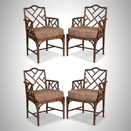 Vintage Chinese Chippendale Faux Bamboo Armchairs — Set of 4, Caned Seats