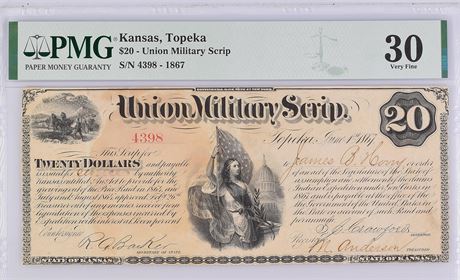1867 $20 Union Military Scrip Topeka Kansas PMG 30 Very Fine