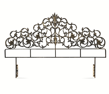 Italian Hollywood Regency Gilt Cast-Iron King Headboard – Ornate Rococo Scroll