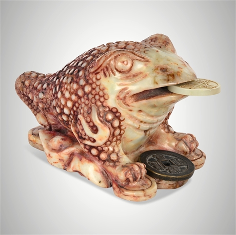 Carved Shoushan Soapstone Jin Chan Money Toad with Stone & Brass Coins