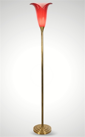 Vintage Murano Glass Touch-Dimming Floor Lamp, Brass & Red Fluted Shade