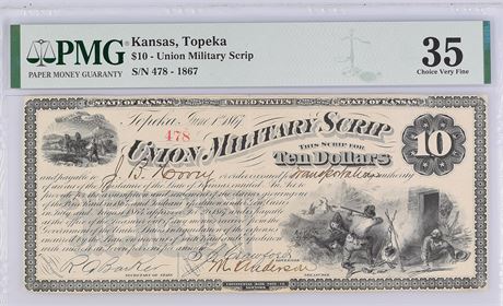 1867 $10 Union Military Scrip Topeka Kansas PMG 35 Choice Very Fine