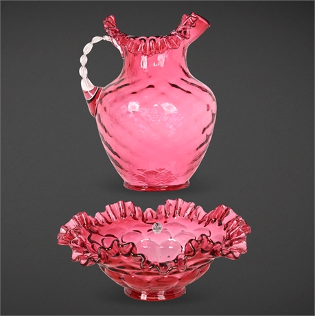 Fenton Cranberry Coin Dot Pitcher & Ruffled Bowl Set — Handmade USA