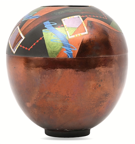 Southwestern Raku Pottery Vase, Geometric Painted Design