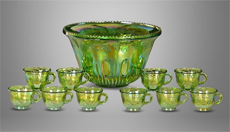 Vintage Indiana Green Carnival Glass Princess Punch Bowl Set with Cups