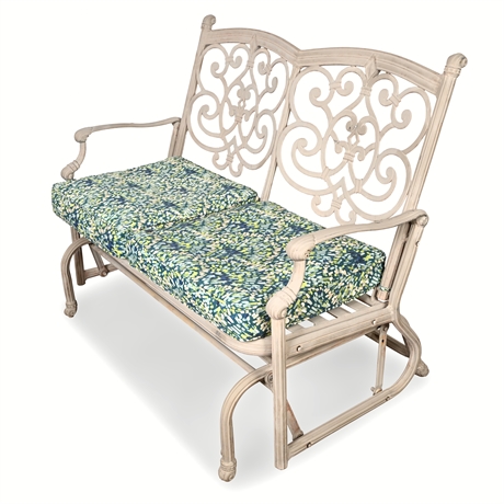 Cast Aluminum Outdoor Glider Bench – Scroll Back, Rocker, Cushions
