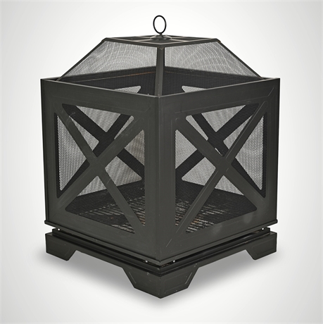 Hampton Bay Square Steel Wood-Burning Fire Pit with Pyramid Spark Screen
