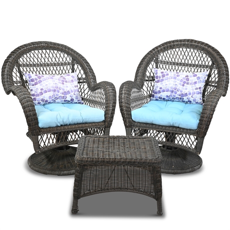 Pair Wicker Style Swiveling Chairs with Ottoman
