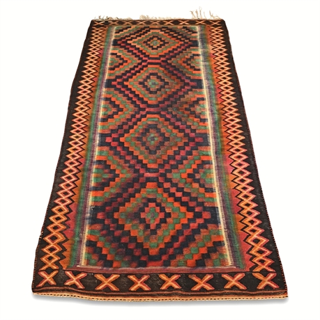 Mid-Century Turkish Yörük Kilim Runner, Geometric Diamond Medallions