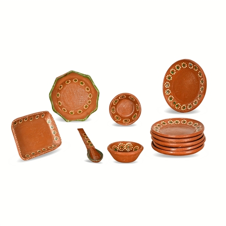 Tlaquepaque Barro Rojo Redware Place Setting, 11 Pieces, Hand-Painted