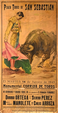 1945 San Sebastián Bullfight Poster—Juan Reus | Manolete, Ortega, Arruza