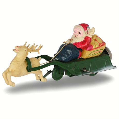1950s Japanese Wind-Up Santa Sleigh & Reindeer — Tin & Celluloid Toy