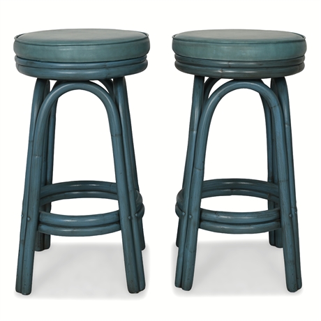 Pair Blue Rattan Barrel Stools — Ficks Reed Style, 24"H