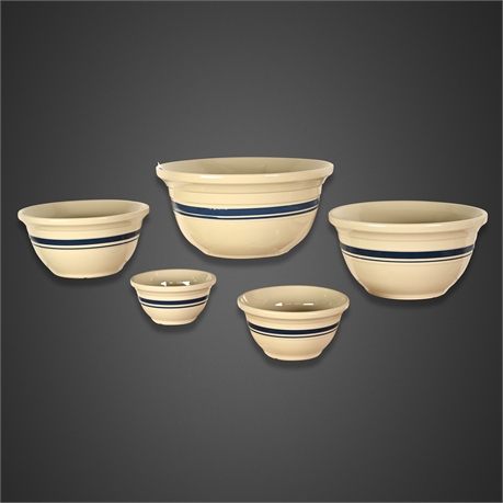 Vintage Friendship Pottery USA Blue Stripe Nesting Bowl Set 5 Piece Roseville