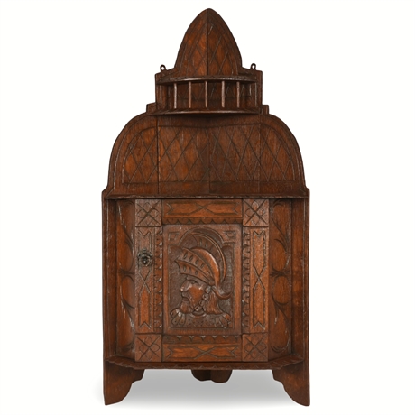 19th Century Hand-Carved Solid Oak Gothic Wall Cabinet with Warrior Motif