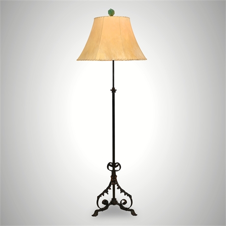 Wrought Iron Floor Lamp with Acanthus Tripod Base, Rawhide Shade & Green Finial