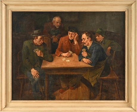 Wilhelm Runze German Genre Oil — Five Men at Cards in a Tavern
