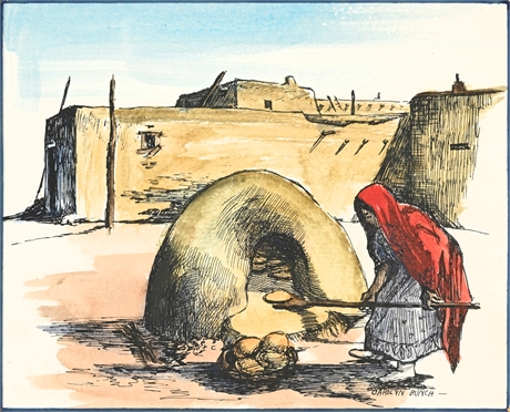 Carolyn Bunch Adobe Oven Scene – Watercolor & Ink, Framed