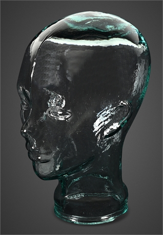Mid-Century Molded Glass Head Form — Clear Aqua Display, 11”