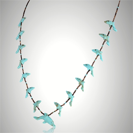 Zuni Turquoise Dolphin Fetish Necklace & Sterling Earrings Set – 30”