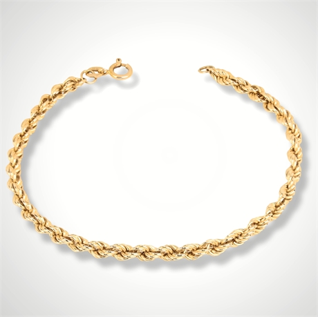 14K Yellow Gold Rope Bracelet, 7", 3.75 mm, 2.6g