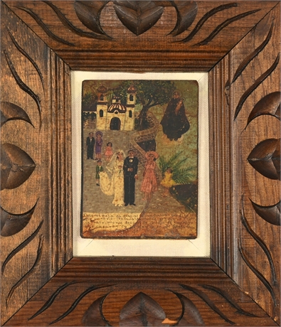 Reproduction Retablo on Steel Panel in Hand-Carved Pine Wood Frame