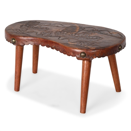Mid-Century Mexican Tooled Leather Stool – Folk Art River Scene
