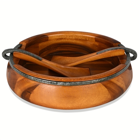 Nambé ‘Anvil’ Acacia Wood & Alloy Salad Bowl with Servers — Marked