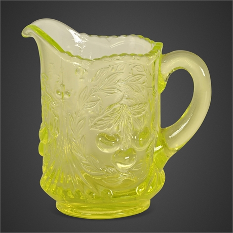 L.G. Wright Wreathed Cherry Vaseline Uranium Glass Cream Pitcher