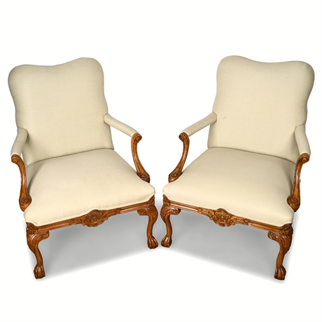 Pair Ethan Allen Claw Foot Carved Open Library Chairs — Solid Wood