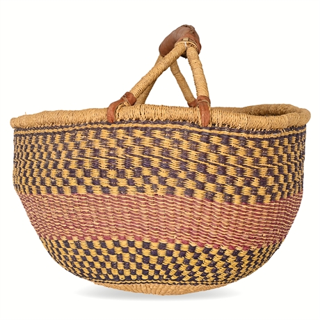 18" Bolga Ghana Round Market Basket, Leather Handle