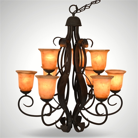 Wrought Iron and Amber Glass 9-Light Chandelier