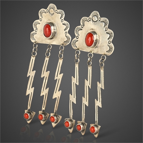 Vintage Navajo K.C. Cook "ROCKI" Sterling Silver & Coral Earrings