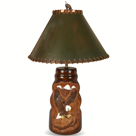 Hand-Carved Eagle Lamp with Leather-Trimmed Copper Shade