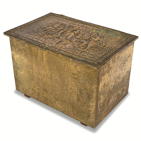 Vintage English Brass-Clad Hearth Chest with Tavern Scene