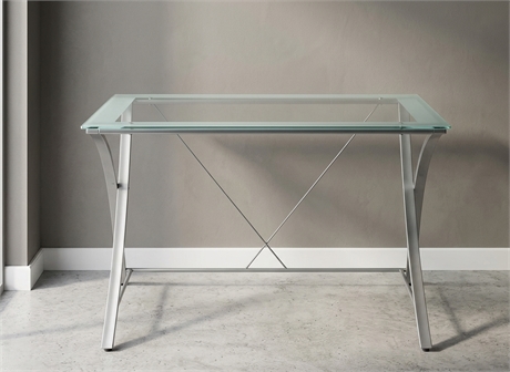 48" Modern Glass Steel Desk Silver Frame Workstation