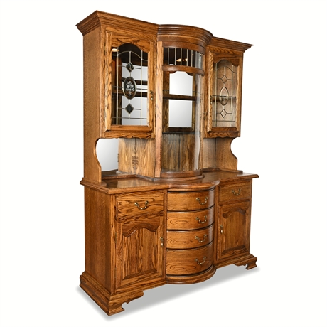Solid Oak Bow Front Bar Cabinet / Hutch with Leaded Glass – Heavy & Well‑Built