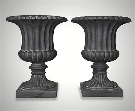 Pair of Large Fiberglass Campana-Form Garden Urns – Black Finish
