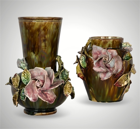 Pair Italian Majolica Floral Relief Vases — Applied Roses