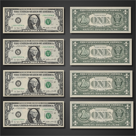 1977 $1 Federal Reserve Notes — Consecutive Serial Numbers, Crisp