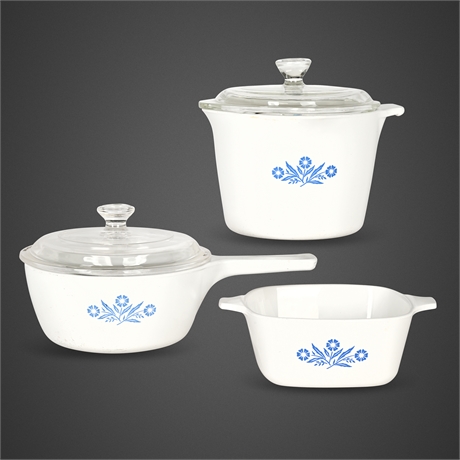 Corning Ware “Cornflower Blue” P-Series Cookware Trio – Early USA Made