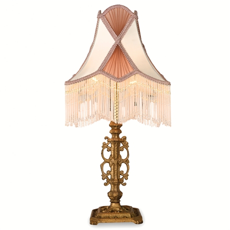 Antique Cast Iron Table Lamp with Beaded Fringe Shade – Dual Socket, c.1920s