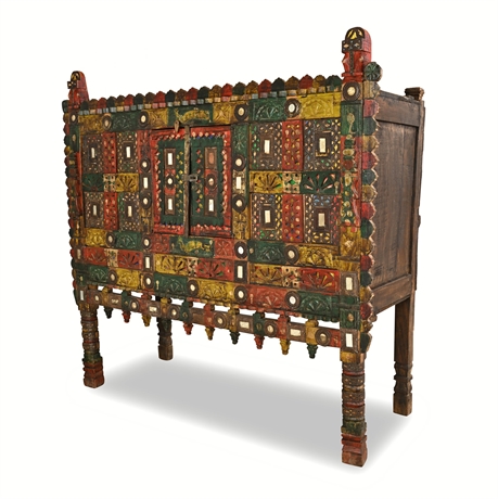 Indian Polychrome Mirror-Inlaid Dowry Cabinet on Stand — 50 Shisha Mirrors