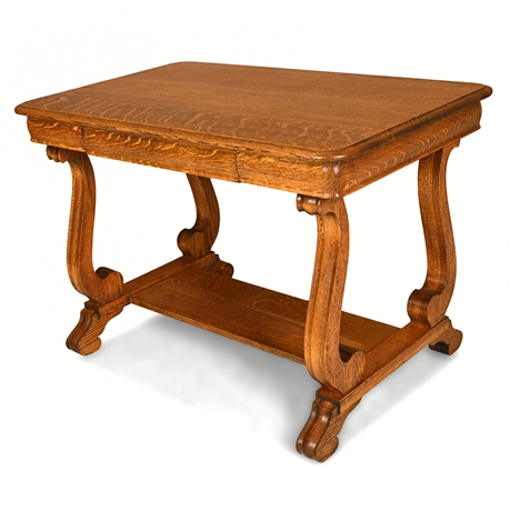 Quartersawn Oak Lyre-Leg Library Table — Dovetail Drawer, Lower Shelf